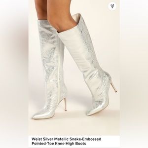 Silver Metallic Snake-Embossed Pointed -Toe Knee High Boots